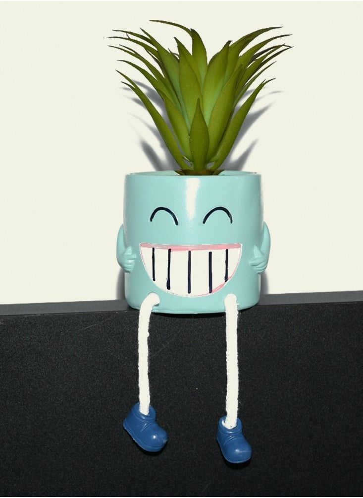 DRAMA HOME 2 Piece Artificial Decorative Plant With Smiley Face Design Pot Blue/Green 13 x 13 x 8cm  - Image 2