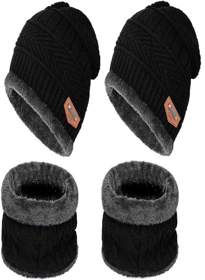EMPOISON Woolen Beanie/Skull Cap & Neck Warmer (Muffler) Combo For Winters With Faux Fur Inner Side | Warm Hat | Hedging Hat Scarf Set |Air Proof Cap | Woolen Cap | Ear Warmer Cap Pack Of 2 Set (2 Black) - Image 1