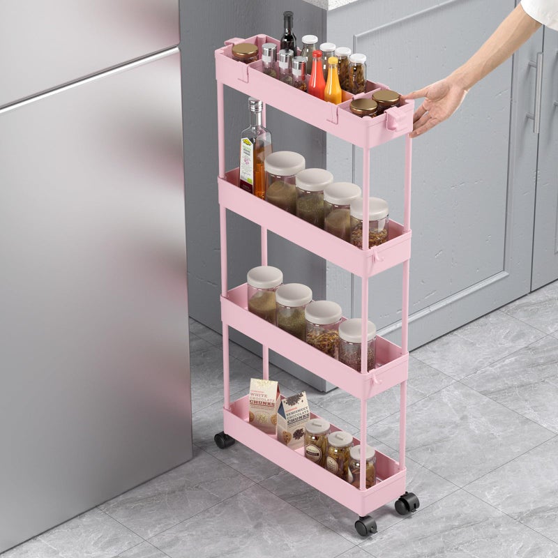 SPACELEAD Slim Storage Cart 4 Tier,Bathroom Organizer Rolling Utility,Mobile Shelving Unit Slide Out for Office, Kitchen, Laundry Room & Narrow Places,Pink - Image 4
