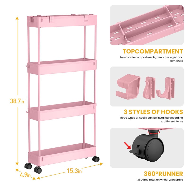 SPACELEAD Slim Storage Cart 4 Tier,Bathroom Organizer Rolling Utility,Mobile Shelving Unit Slide Out for Office, Kitchen, Laundry Room & Narrow Places,Pink - Image 3