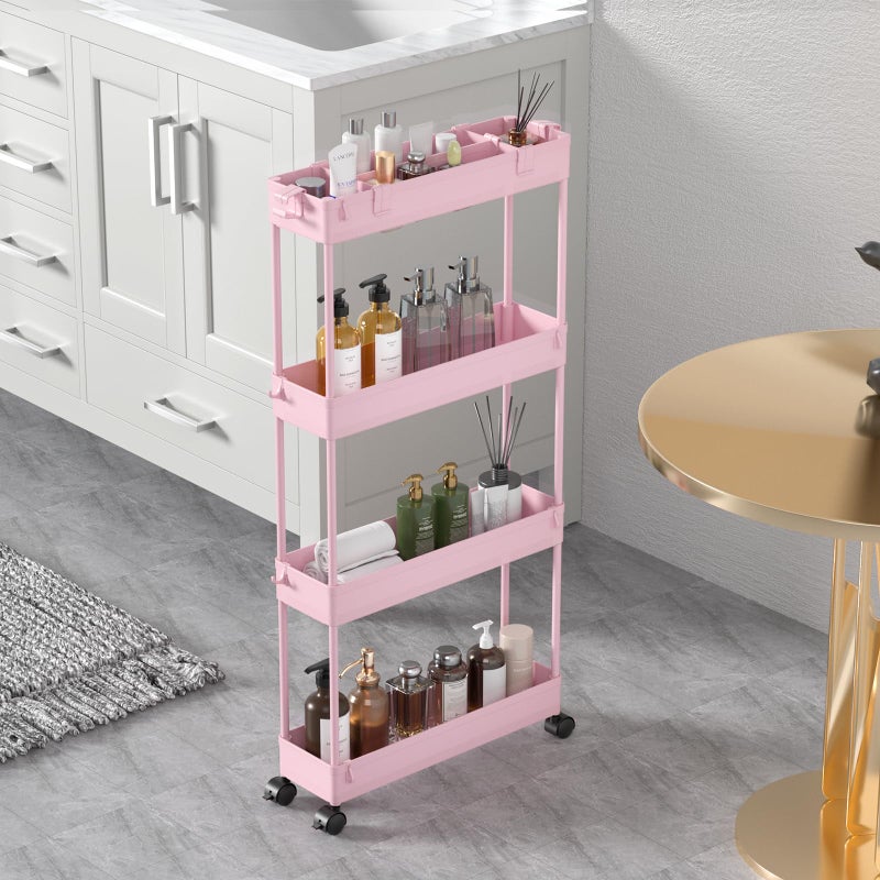 SPACELEAD Slim Storage Cart 4 Tier,Bathroom Organizer Rolling Utility,Mobile Shelving Unit Slide Out for Office, Kitchen, Laundry Room & Narrow Places,Pink - Image 1