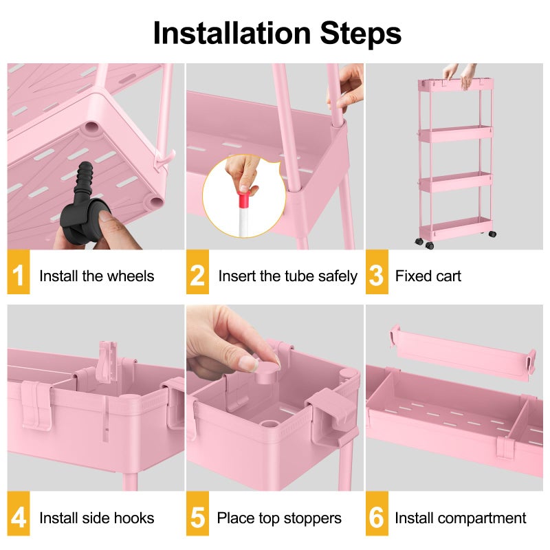 SPACELEAD Slim Storage Cart 4 Tier,Bathroom Organizer Rolling Utility,Mobile Shelving Unit Slide Out for Office, Kitchen, Laundry Room & Narrow Places,Pink - Image 2