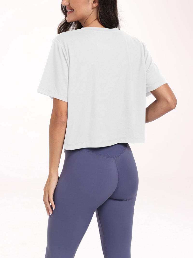 KevaMolly White Workout Crop Tops for Women Loose Fit UPF50+ Breathable Yoga T Shirts Running Athletic Cropped Workout Tops M - Image 3