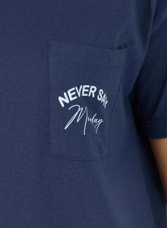 Styli Slogan Pocket Print T-Shirt & Ruffled Waistband Pyjama Set