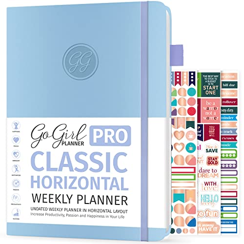 GoGirl Planner PRO - Undated Horizontal Layout Weekly Planner and Organizer + Budgeting and Expense Tracking Pages, Goals Journal & Agenda, 7" x 10" Hardcover, Lasts 1 Year - Periwinkle - Image 1