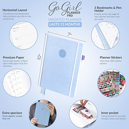 GoGirl Planner PRO - Undated Horizontal Layout Weekly Planner and Organizer + Budgeting and Expense Tracking Pages, Goals Journal & Agenda, 7" x 10" Hardcover, Lasts 1 Year - Periwinkle - Image 2