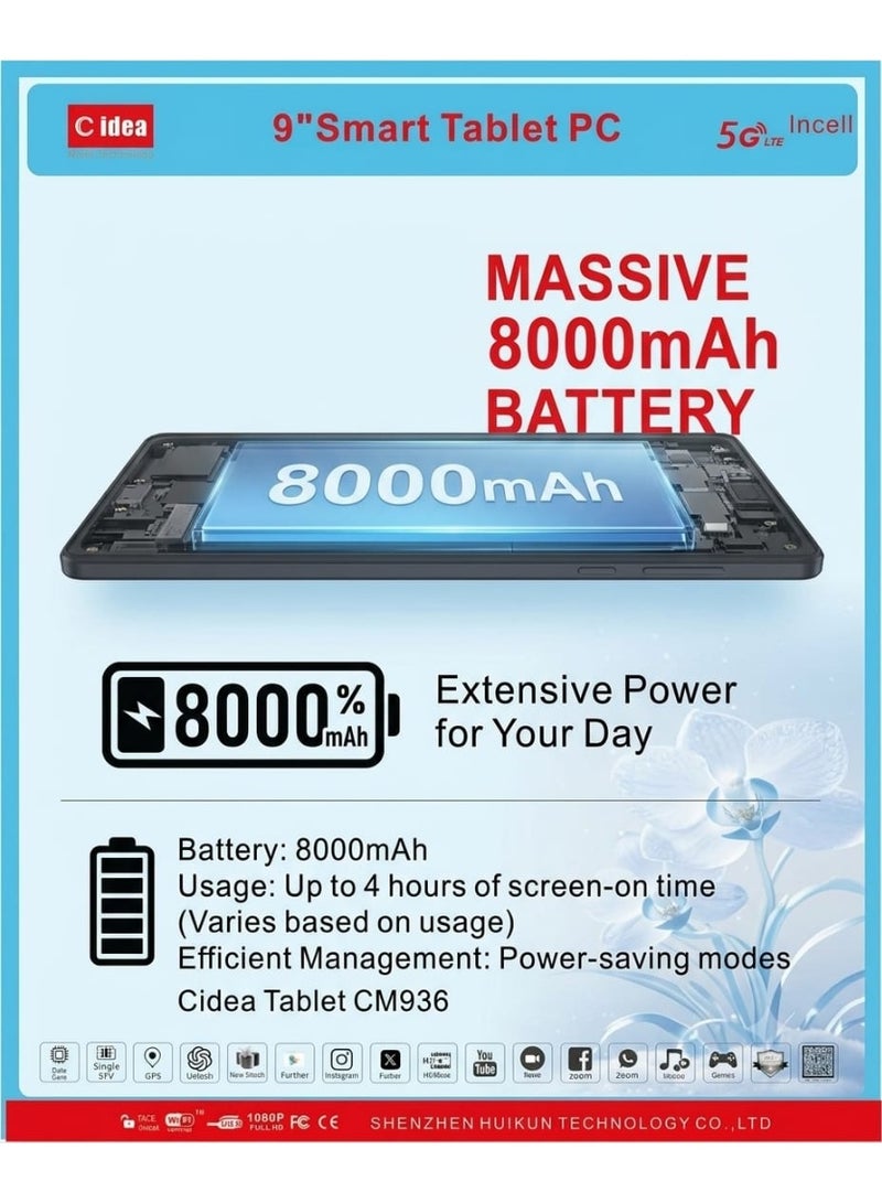 C idea 9" Tab CM936 Android 16 , 8GB RAm + 512GB ROM , 5MP Front & 8MP Rear Camera, Quad Core Processor, Single SIM 5G, 8000mAh Battey Power & Gifts, Blue - Image 3