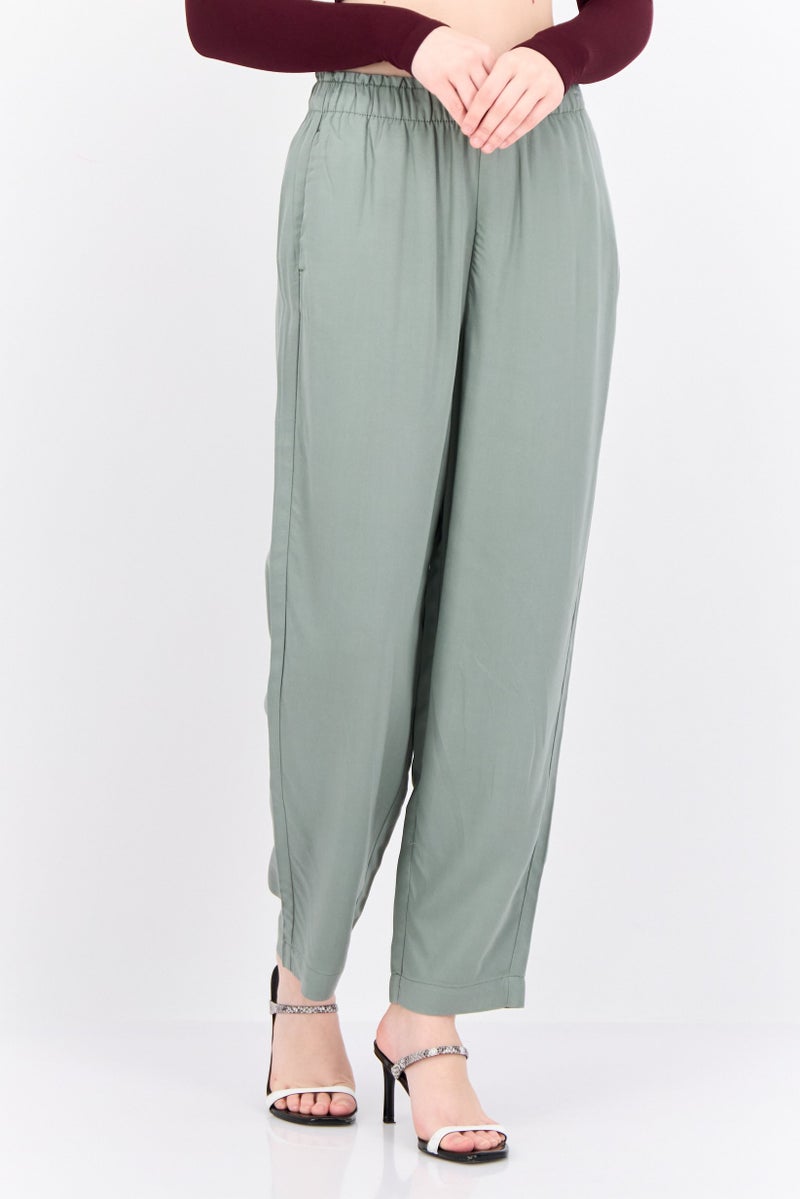 MANGO Women Regular Fit Plain Straight Leg Pants, Dusty Olive - Image 1