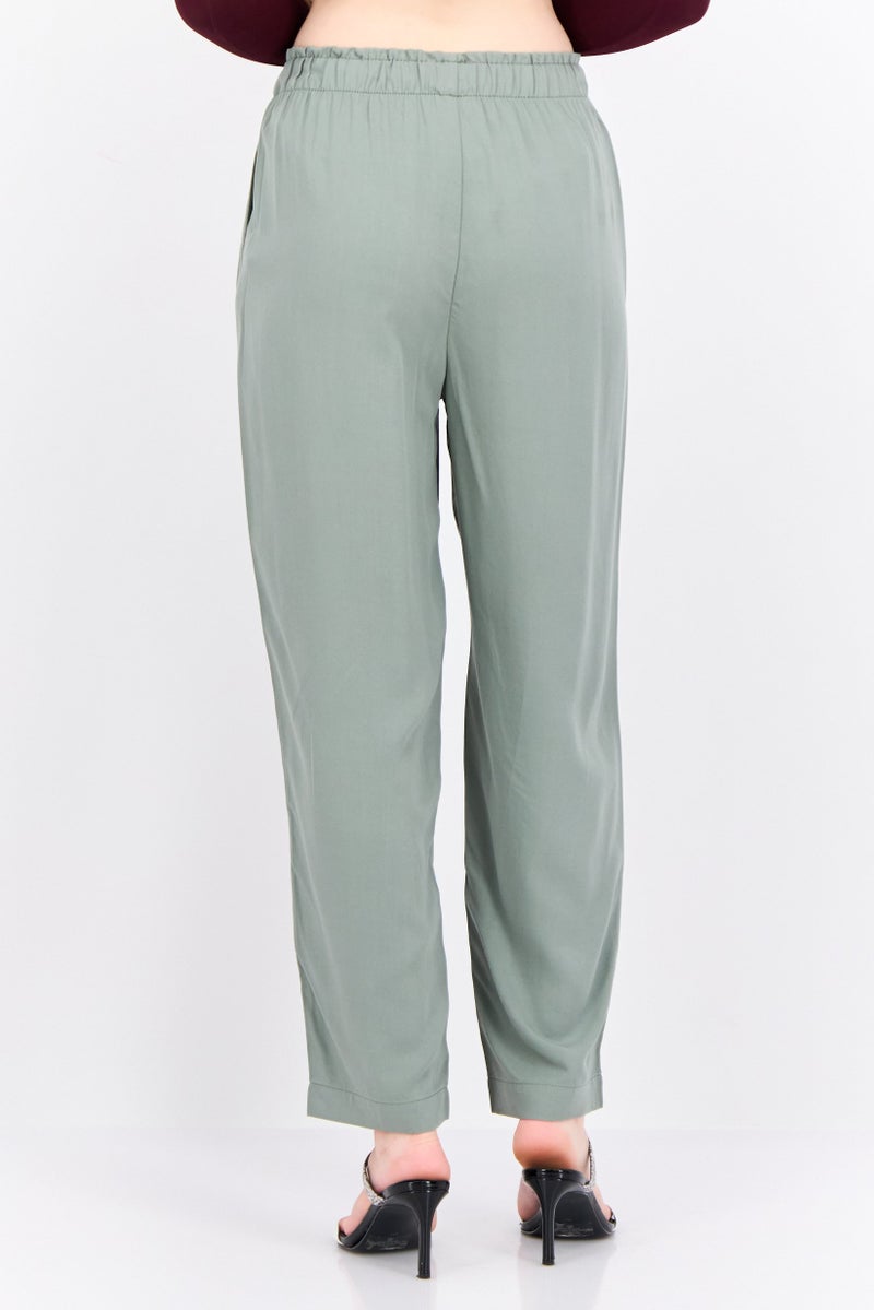 MANGO Women Regular Fit Plain Straight Leg Pants, Dusty Olive - Image 3