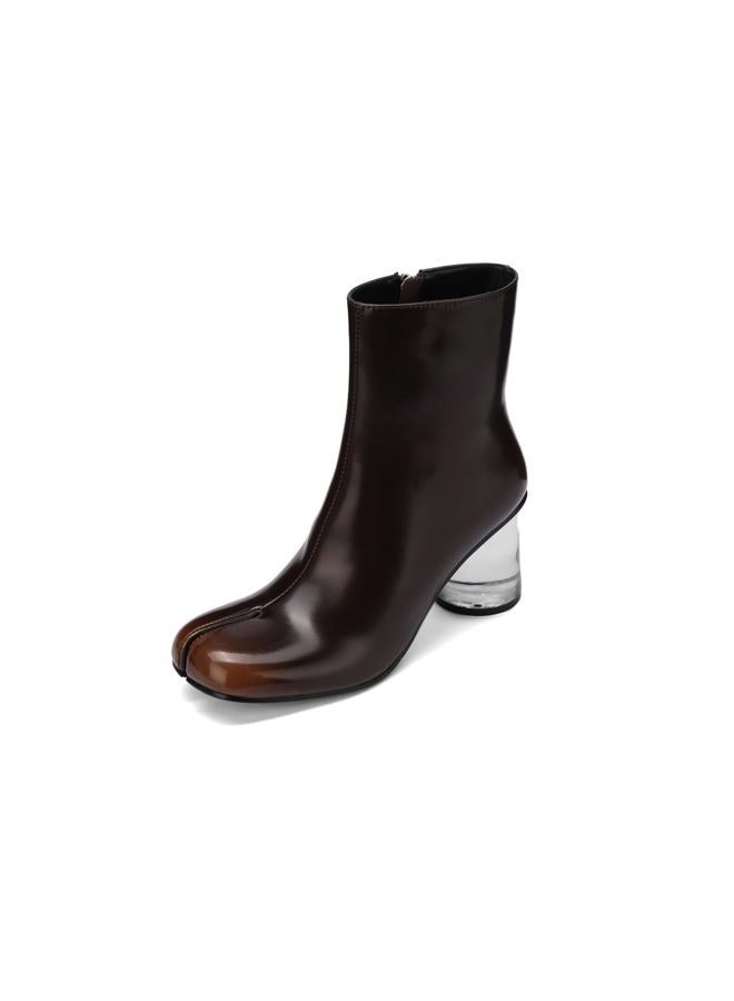 Cuctos Split Toe Women Clear Block Heels Ankle Boots Chunky High Heels Booties Tabi Zipper Side Short Boots, Brown, 7.5 - Image 1