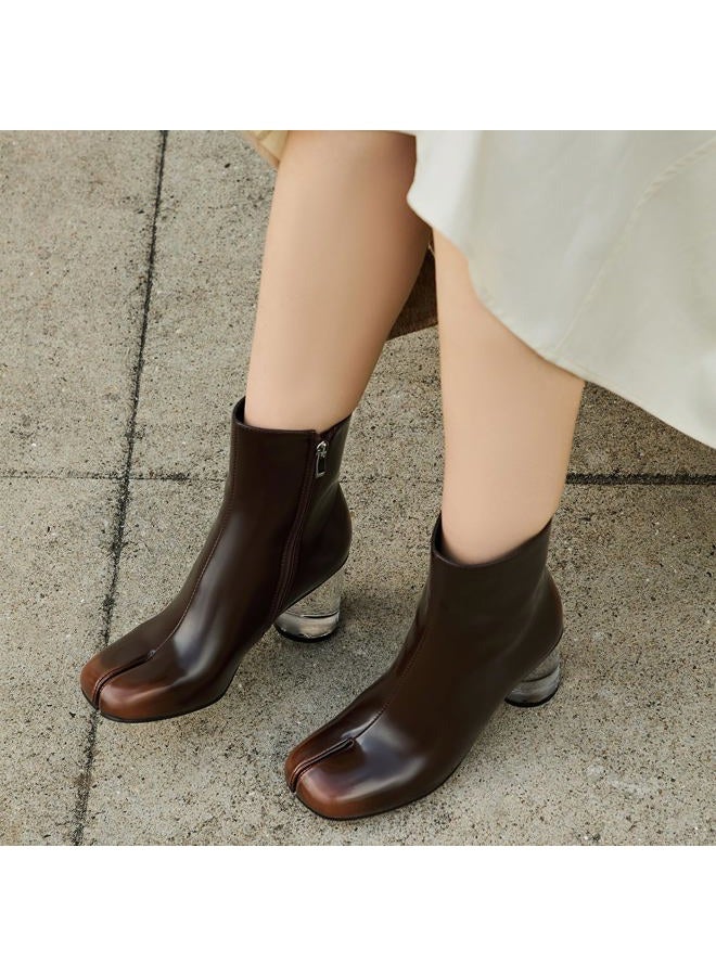 Cuctos Split Toe Women Clear Block Heels Ankle Boots Chunky High Heels Booties Tabi Zipper Side Short Boots, Brown, 7.5 - Image 3