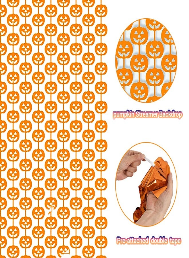 AimtoHome Halloween Thanksgiving Party Decorations - 2 Packs Orange Pumpkin Foil Fringe Streamers Curtains for Gothic Evil Birthday Baby Shower Wedding Wall Party Decor(3.3x6.6 ft) - Image 2