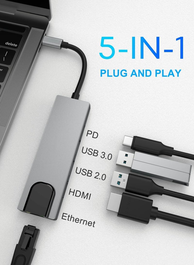 USB C Hub, 5-in-1 USB C Hub with Ethernet, USB C Multiport Adapter with 4K HDMI, RJ45 Ethernet Port, 2 USB Ports, 87W PD Charging for MacBook Pro/Air, for Switch/PS4, for iPad Pro M1, Chromecast - Image 2
