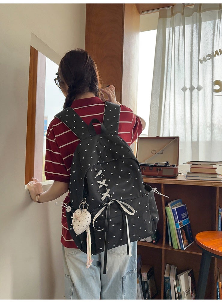 New Star Pattern Aesthetic Backpack, Large Capacity Bow Ribbon School Bag for Girls, Student Daypack for Junior High School - Image 3