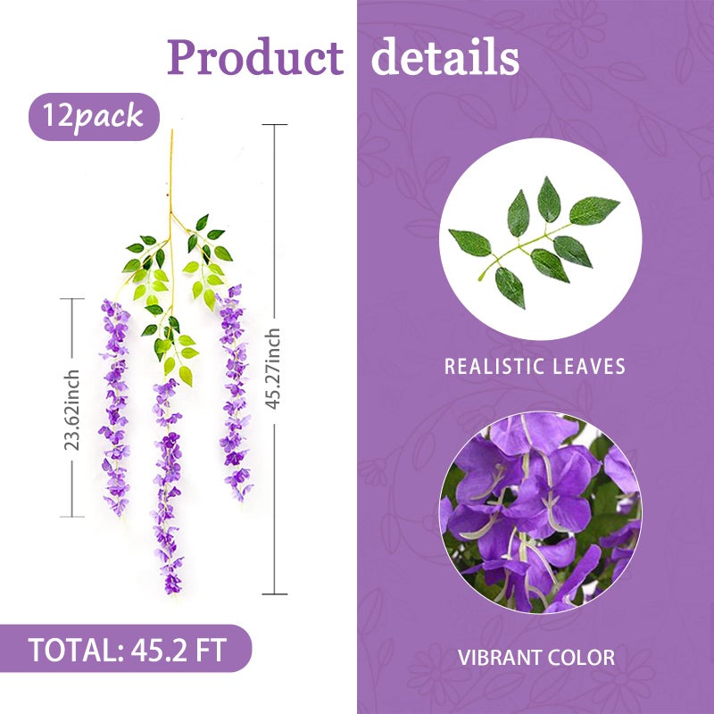 Luerbi 12 Pack Purple Flower Vines  Purple Wisteria Hanging Flowers  Fake Purple Wisteria  3.77 Feet Purple Artificial Wisteria Flowers  Purple Hanging Wisteria Flowers Garland  Silk Trailing Flower Decor - Image 2