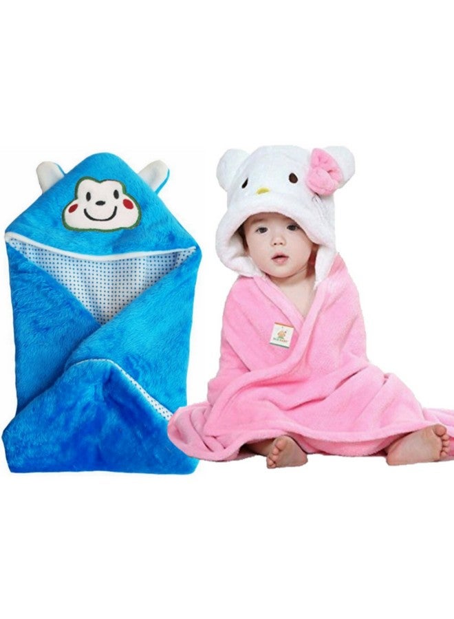 Brandonn Newborn Combo Of Furry Glacier Hooded Smily Baby Blanket And Premium Glacier Hooded Baby Wrapper(Pack Of 2, Pink N White-Blue) - Image 1
