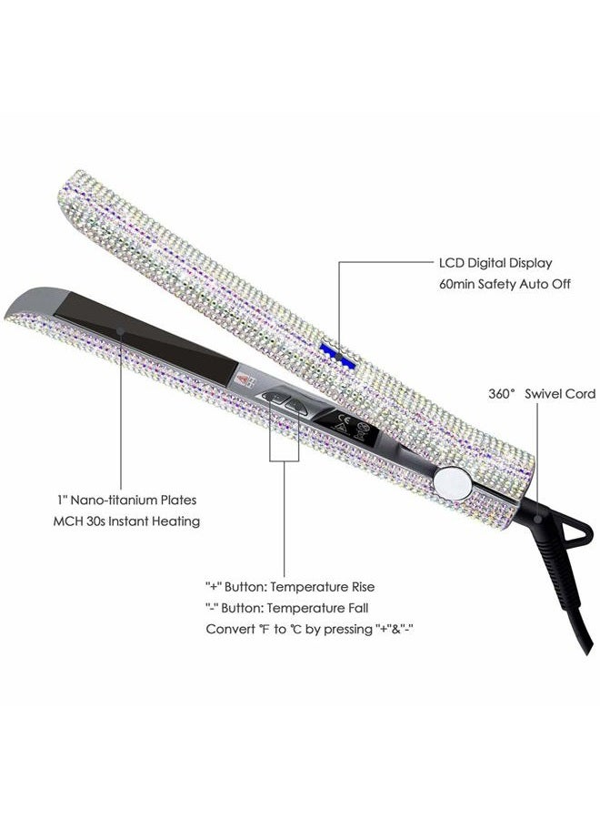 DORISILK Titanium Flat Iron for Hair, 480°F High Temp Hair Straightener Iron, Rhinestone Bling Flattening Iron, 2 in 1 Straightening Curling Professional Salon LCD Display Dual Voltage (AB Shine) - Image 4