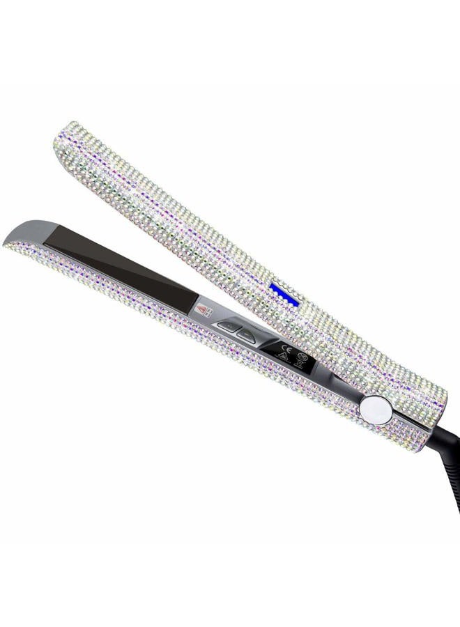 DORISILK Titanium Flat Iron for Hair, 480°F High Temp Hair Straightener Iron, Rhinestone Bling Flattening Iron, 2 in 1 Straightening Curling Professional Salon LCD Display Dual Voltage (AB Shine) - Image 1