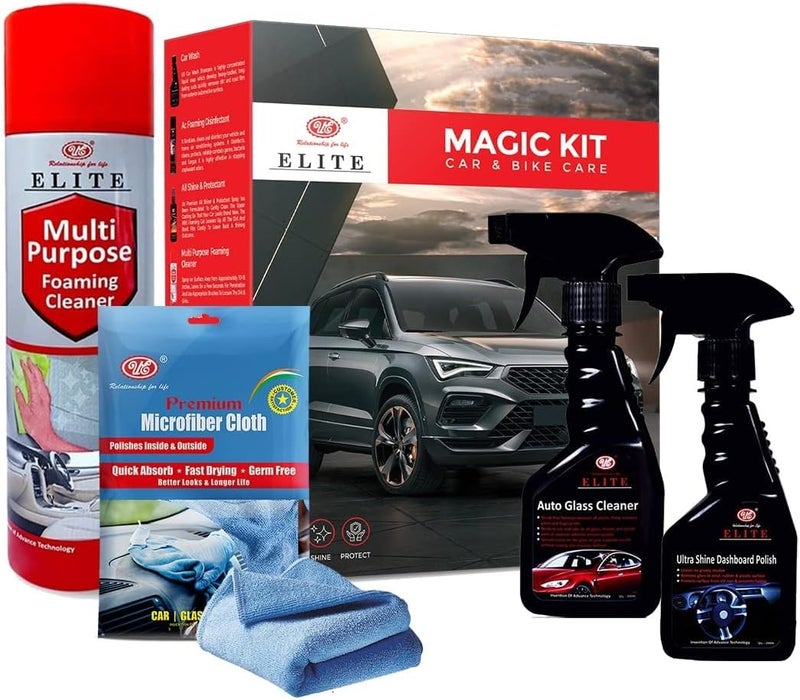 UE Elite Magic Car Care Kit - (Pack Of 4 Items of Ultra Shine Dashboard polish, Glass Cleaner, Multi Purpose Cleaner, Microfiber Cloth 40cmx40cm) All In One for Car Cleaning, Washing, Shining, Caring - Image 1