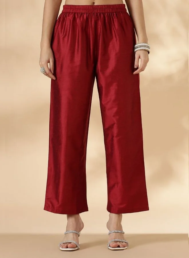 Abhishti  Red Solid Round Neck Kurta Pant Set With Short Puff Sleeves  | Best Price UAE