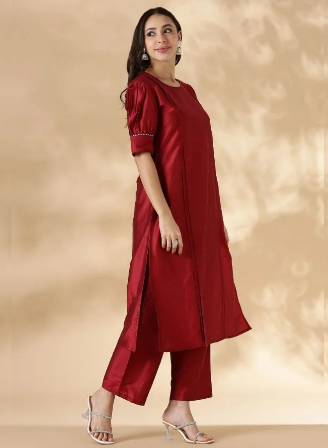 Abhishti  Red Solid Round Neck Kurta Pant Set With Short Puff Sleeves  | Best Price UAE