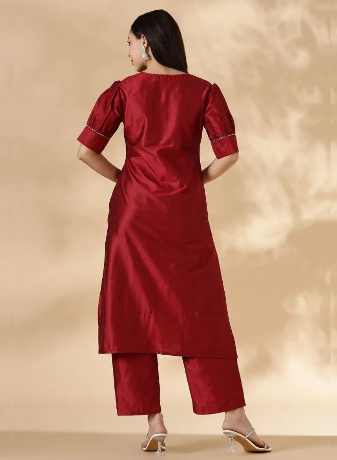 Abhishti  Red Solid Round Neck Kurta Pant Set With Short Puff Sleeves  | Best Price UAE