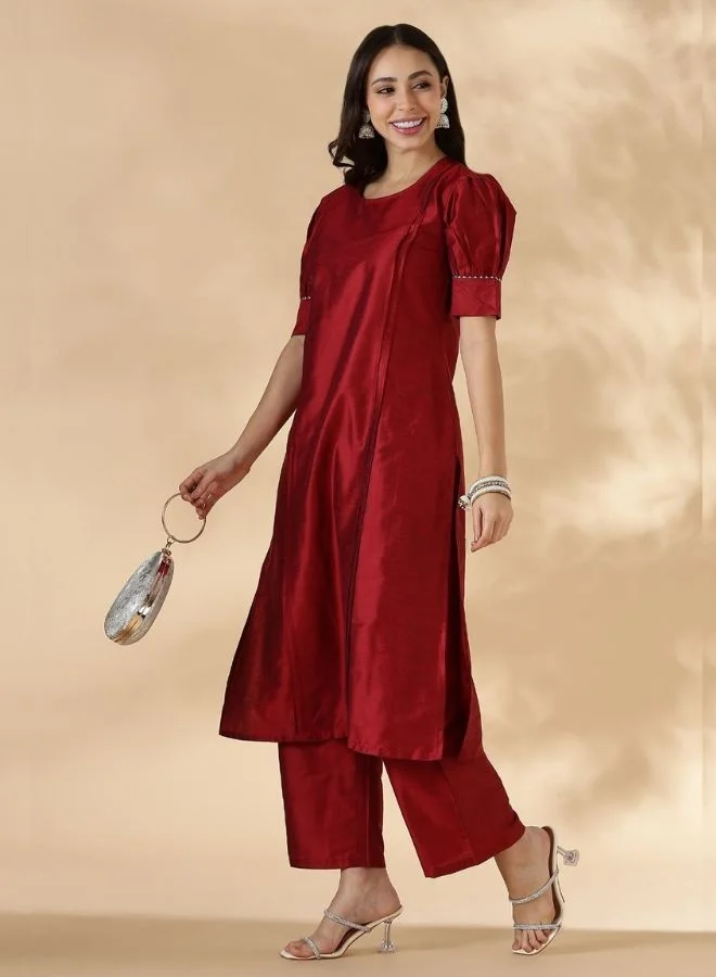 Abhishti  Red Solid Round Neck Kurta Pant Set With Short Puff Sleeves  | Best Price UAE