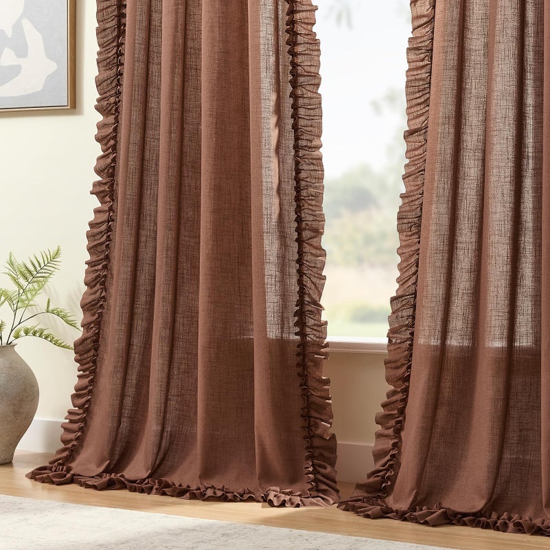 TERLYTEX Dark Terracotta Farmhouse Curtains 84 Inches Long, 2 Panels, W58 x L84 Inch, Linen Textured Rust Colored Linen Curtains for Bedroom, Rod Pocket Privacy Semi-Sheer Autumn Flowy Scalloped Ruffle Curtain - Image 4