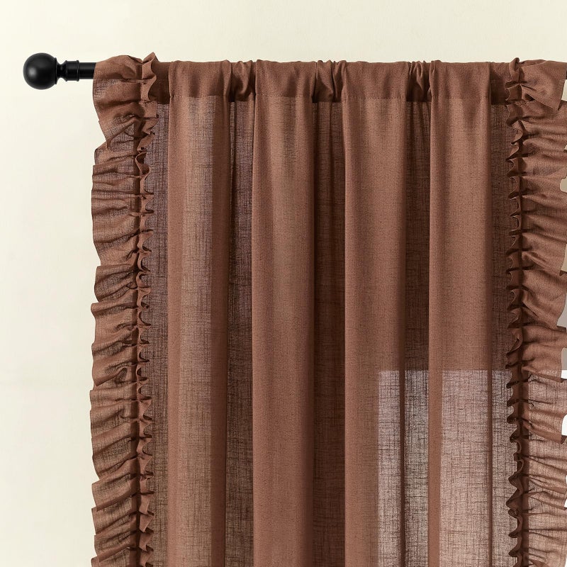 TERLYTEX Dark Terracotta Farmhouse Curtains 84 Inches Long, 2 Panels, W58 x L84 Inch, Linen Textured Rust Colored Linen Curtains for Bedroom, Rod Pocket Privacy Semi-Sheer Autumn Flowy Scalloped Ruffle Curtain - Image 3