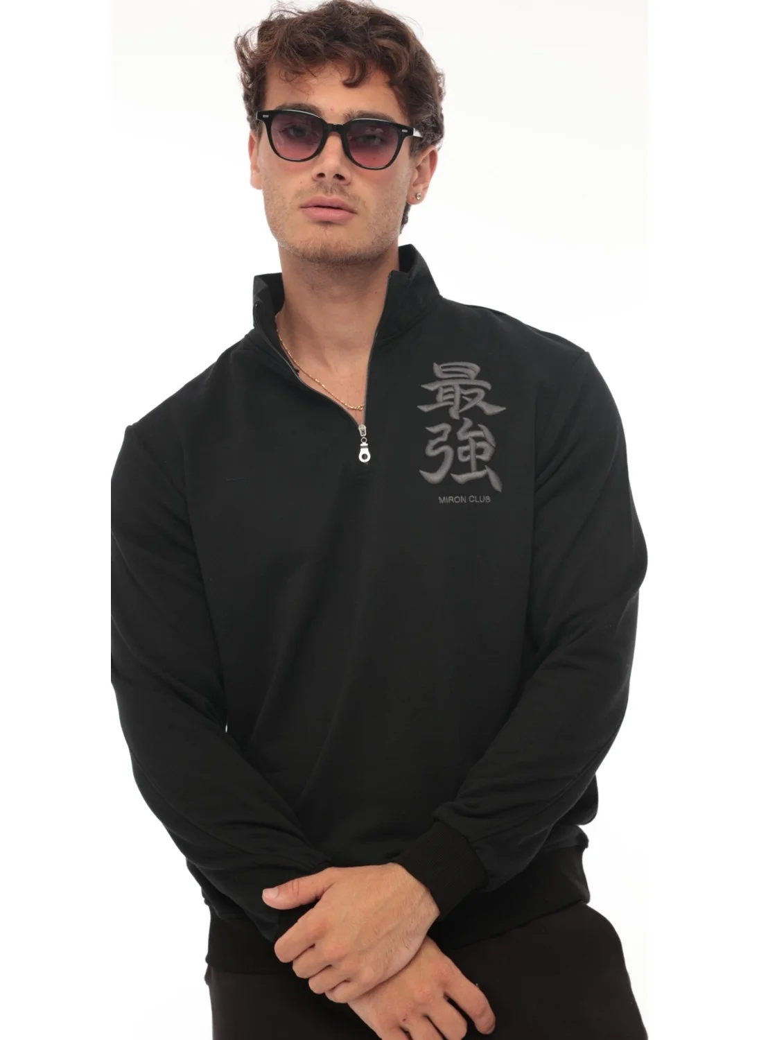 Miron Black Triple Thread Zipper Embroidered Detail Regular Fit Sweatshirt - 2327