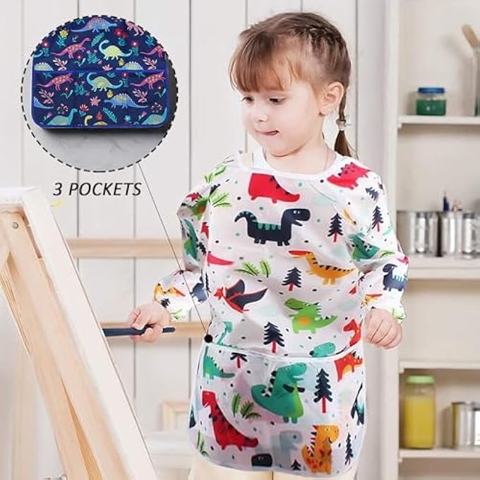 2 PIECES DINOSAUR PATTERN APRONS FOR KIDS, WATERPROOF KIDS PAINT, PAINTING TOOLS WITH BAG, ART SHORTS PAINT, PAINTING OVERALLS FOR KIDS - Image 5