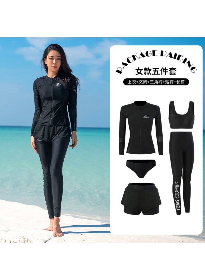 A Generation Of Men's And Women's Swimsuit Split Long Sleeve Pants Suit Belly Cover Slim Conservative Solid Color Swimsuit