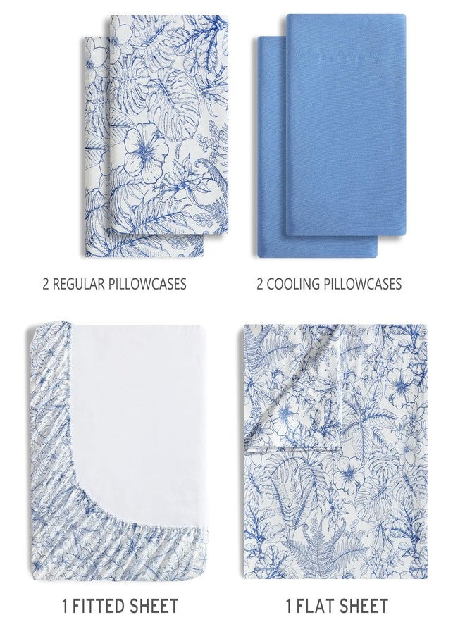 CARIBBEAN JOE 6-Piece Sheet Set with Cooling Pillowcases, 12-inch Deep Pockets, Tropical Beach Coastal Design, Queen, Tropical Toile Blue - Image 4