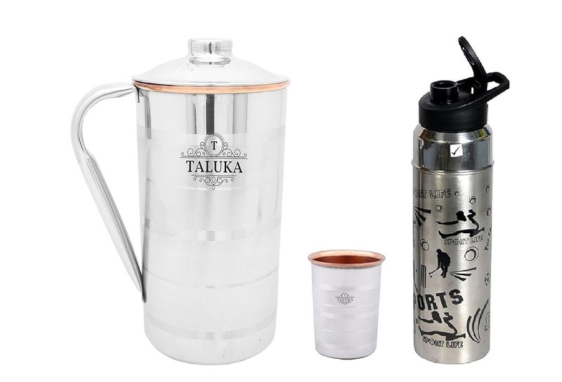 Taluka Stainless Steel Copper Jug 2000 ML for Drinking Water with 1 Steel Bottle and 1 Steel Copper Glass 350 ML Water Storage - Image 1