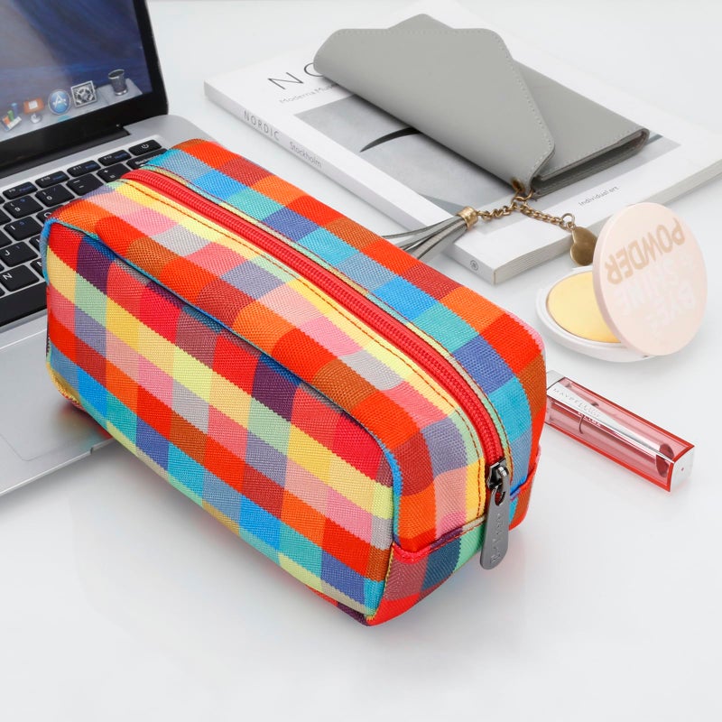 E-Tree Cute Makeup Bag,Travel Make up Pouch for Purse,Zipper Toiletry Cosmetic Brush Skin Care Case for Women Man,Tech Electronic Organizer,Small Canvas Storage for Personal Items,Colorful Checkered - Image 5
