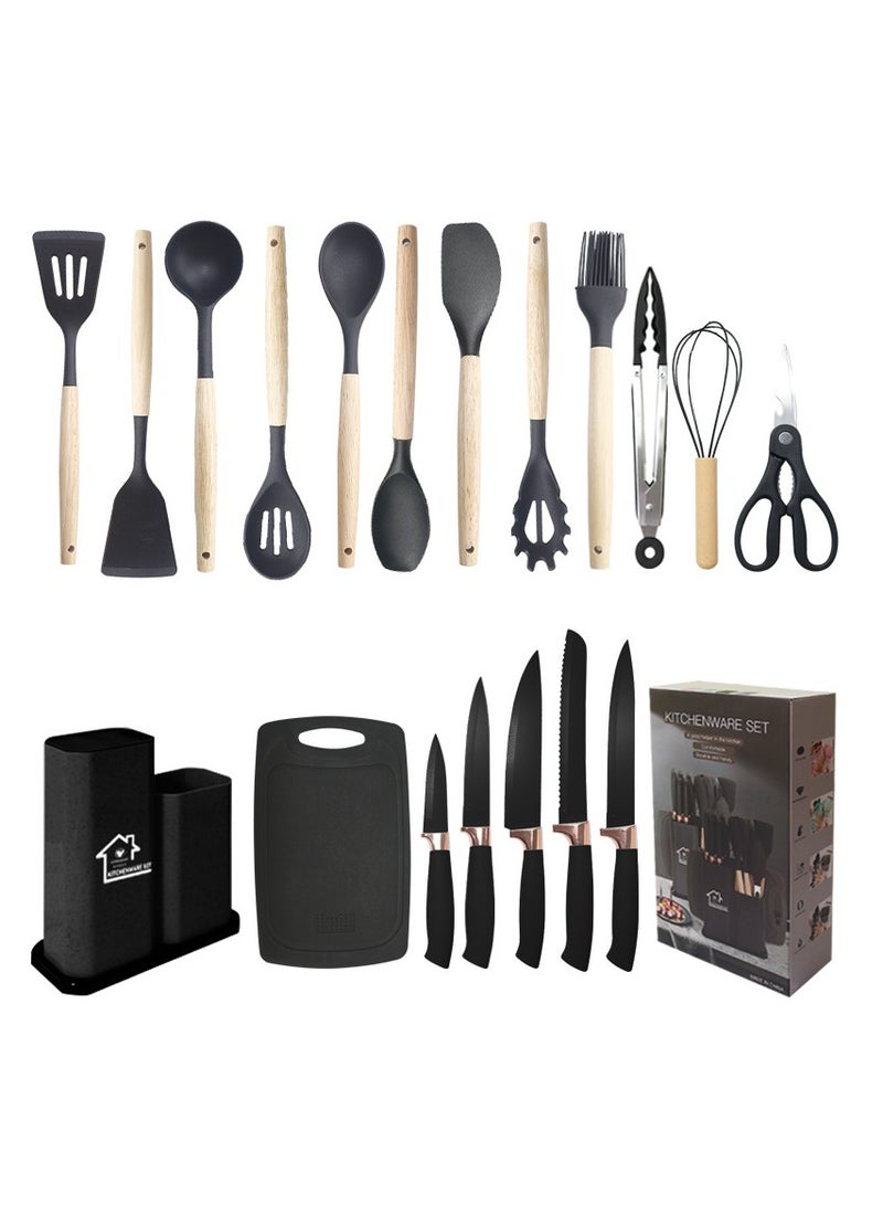 تي دي هوم التزامات مثالية بين السيليكون ذو المستوى الغذائي والفولاذ 3Cr13 - مجموعة من 19 قطعة من السكاكين والأدوات المطبخية - Image 2