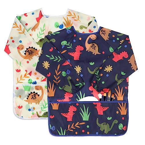 BAHABY Kids Art Smocks 2 Pack Dinosaur Painting Aprons for Children Waterproof Artist Smock with Long Sleeve and 3 Pockets for Age 3-8 Years - Image 1