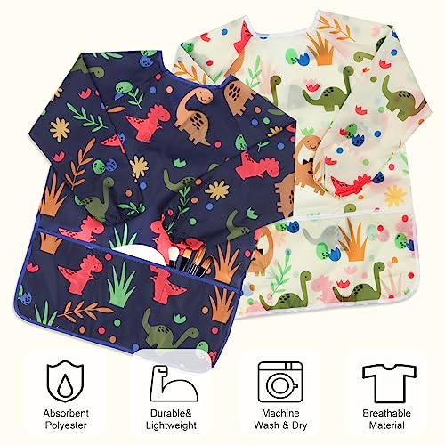 BAHABY Kids Art Smocks 2 Pack Dinosaur Painting Aprons for Children Waterproof Artist Smock with Long Sleeve and 3 Pockets for Age 3-8 Years - Image 5