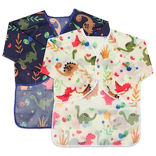 BAHABY Kids Art Smocks 2 Pack Dinosaur Painting Aprons for Children Waterproof Artist Smock with Long Sleeve and 3 Pockets for Age 3-8 Years - Image 2