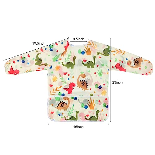 BAHABY Kids Art Smocks 2 Pack Dinosaur Painting Aprons for Children Waterproof Artist Smock with Long Sleeve and 3 Pockets for Age 3-8 Years - Image 3