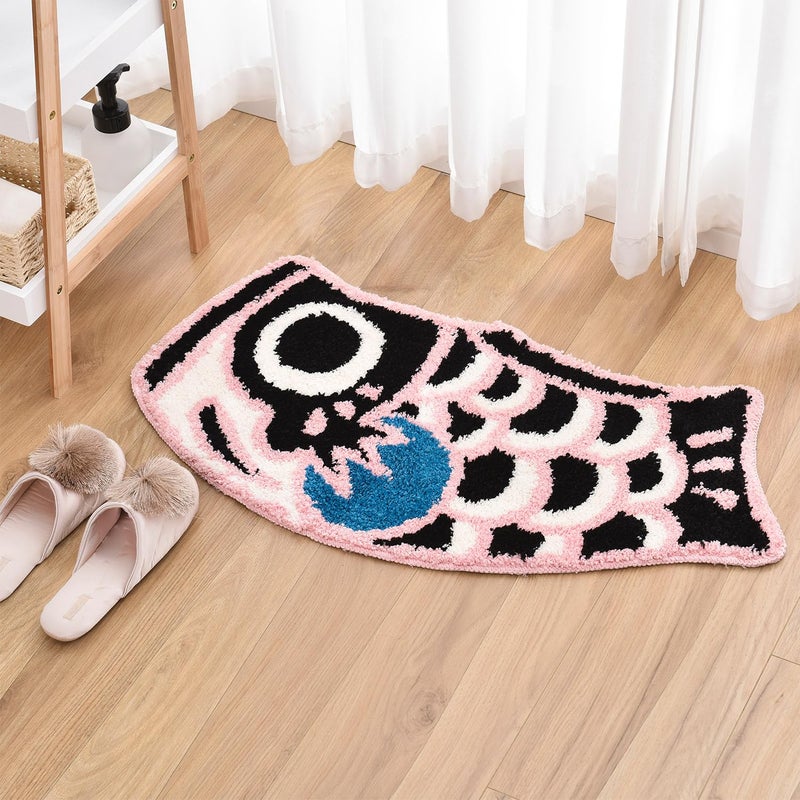 Feblilac Cute Fish Bath Rug Mat Soft Non-Slip Bathroom Rug Japanese Style Koi Flag Floor Carpet for Shower Room  Water Absorbent Indoor Mats  Machine Washable 17.7""x33.4""(Black Pink) - Image 1