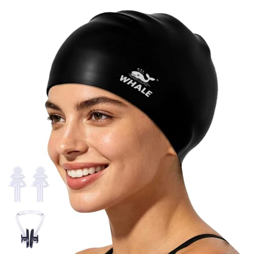 WHALE Extra Large Swim Cap for Women Men NonSlip High Elasticity Keeps Hair Dry Unisex Large Size Suitable for Long Hair Curly Hair and African Dreadlocks Black - Image 1