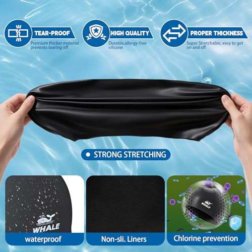 WHALE Extra Large Swim Cap for Women Men NonSlip High Elasticity Keeps Hair Dry Unisex Large Size Suitable for Long Hair Curly Hair and African Dreadlocks Black - Image 3