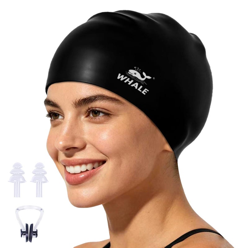 WHALE Extra Large Swim Cap for Women Men NonSlip High Elasticity Keeps Hair Dry Unisex Large Size Suitable for Long Hair Curly Hair and African Dreadlocks Black - Image 2