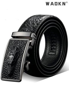 WAOKN Men's Crocodile Pattern Automatic Buckle Belts with Automatic Buckle Leather Belt Fashion Belt Ratchet Belt Soft, Comfortable and Durable Quality Leather - Adjustable Trim to Fit- Black  - Image 3