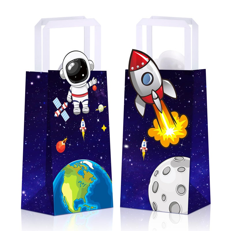 Sabary 16 Packs Outer Space Party Favors Space Gift Bags with Handles Astronaut Themed Treat Handbag Kraft Rocket Galaxy Goodie Bags for Birthday Supplies Planet Themed Party