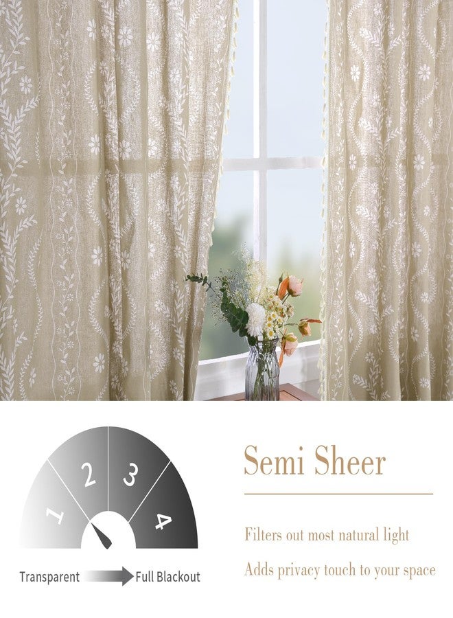 Schweek Boho Curtains 2 Panel for Living Room 84 Inches Long Linen Floral Curtains Semi Sheer Vintage Farmhouse Window Curtain Rustic Western Curtain Tan - Image 3