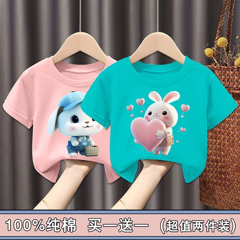 100 Cotton Girls' Short-Sleeved T-Shirt Summer 2023 New Style Western Style Thin Half-Sleeved Small And Medium-Sized Girls' Top 12 - Image 1
