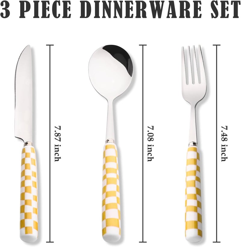 Koythin 3Piece Cutlery Set Stainless Steel Flatware Sets with Yellow Checkerboard Pattern Ceramic Handle Utensils including Knife Fork Spoon Yellow - Image 2