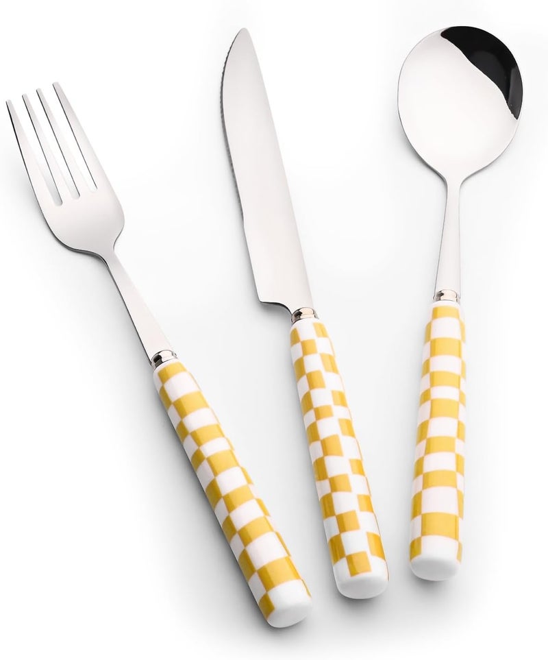 Koythin 3Piece Cutlery Set Stainless Steel Flatware Sets with Yellow Checkerboard Pattern Ceramic Handle Utensils including Knife Fork Spoon Yellow - Image 1